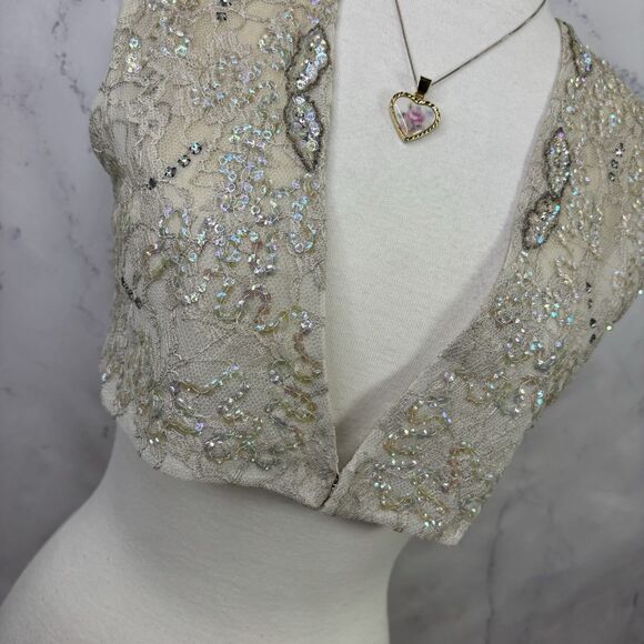 Vtg 60s Lace Shrug Vest Bolero Sz S Gray Sequence Embroidery Romantic Art Deco - Picture 12 of 16